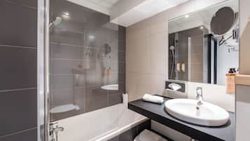 Eco-friendly toiletries, hair dryer, towels, soap