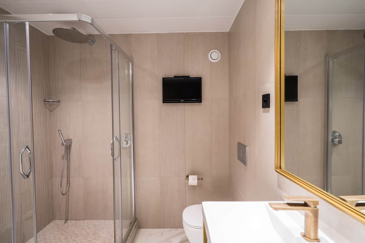 deluxe room, 1 king bed | bathroom | eco-friendly toiletries, hair dryer, towels