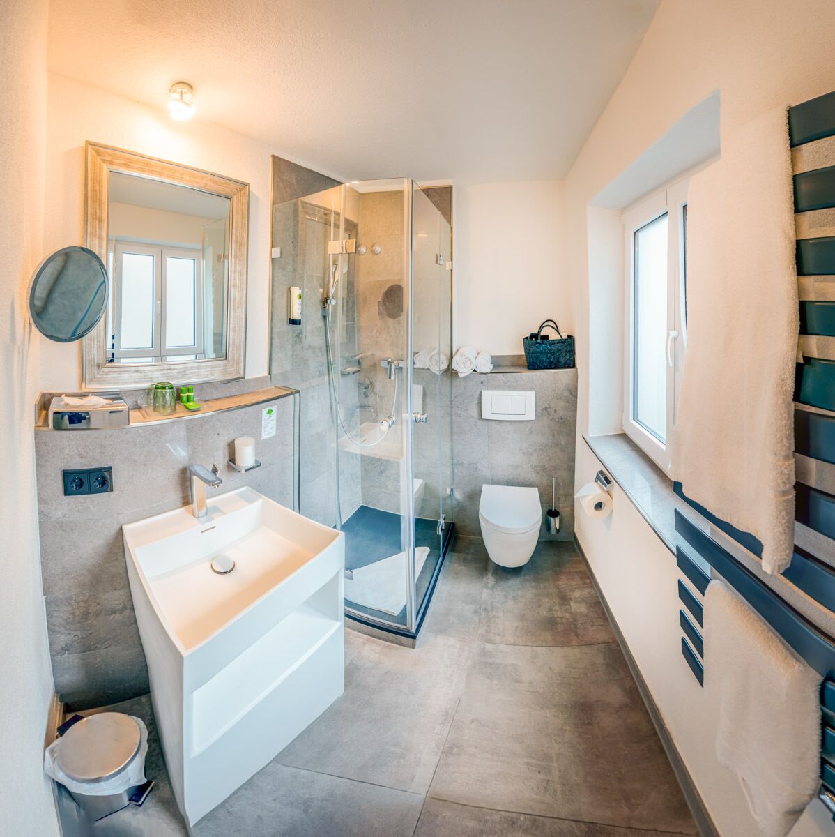 free toiletries, hair dryer, bathrobes, towels