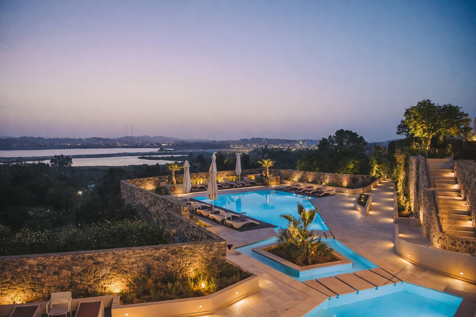 Seasonal outdoor pool, pool umbrellas, pool loungers