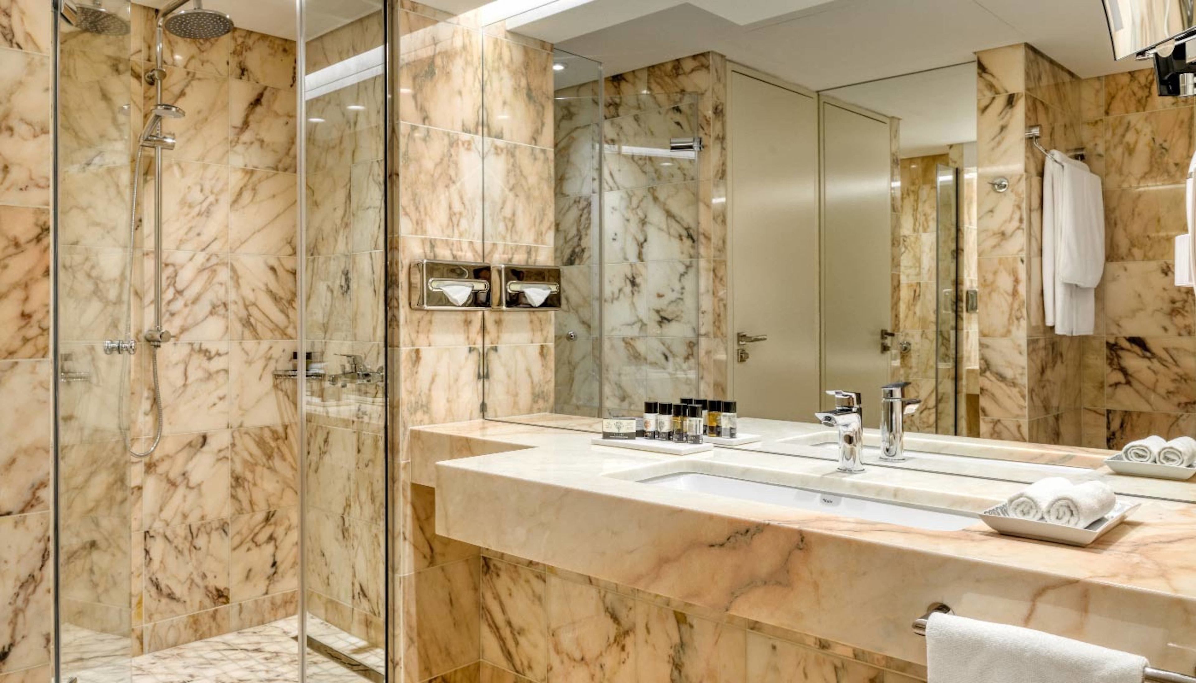 free toiletries, hair dryer, bathrobes, towels