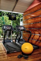 Two treadmills, a yellow medicine ball, and a digital screen in a room with wooden paneling and a view of greenery.