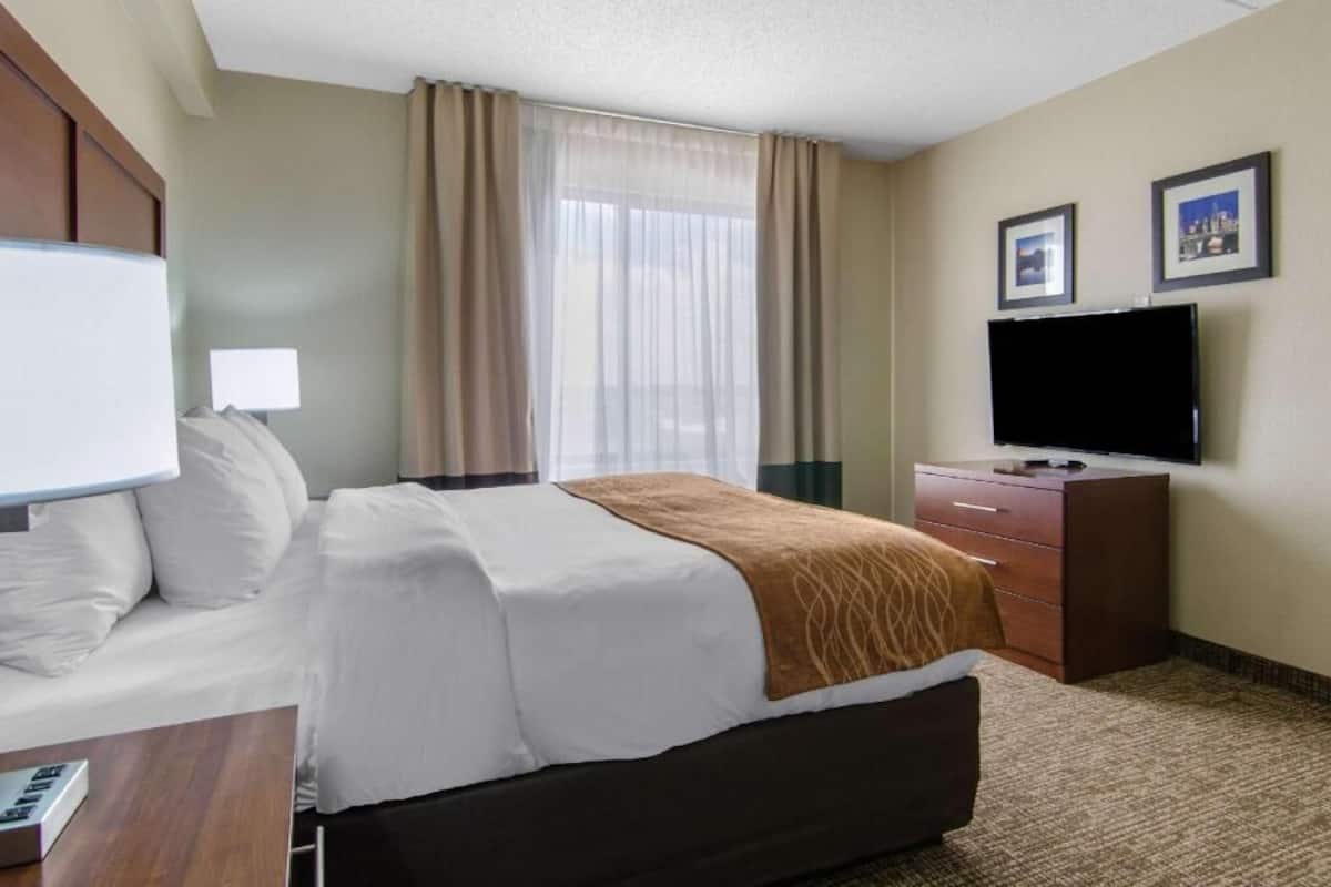 A hotel room with a bed, a TV, a desk, and a window with curtains.
