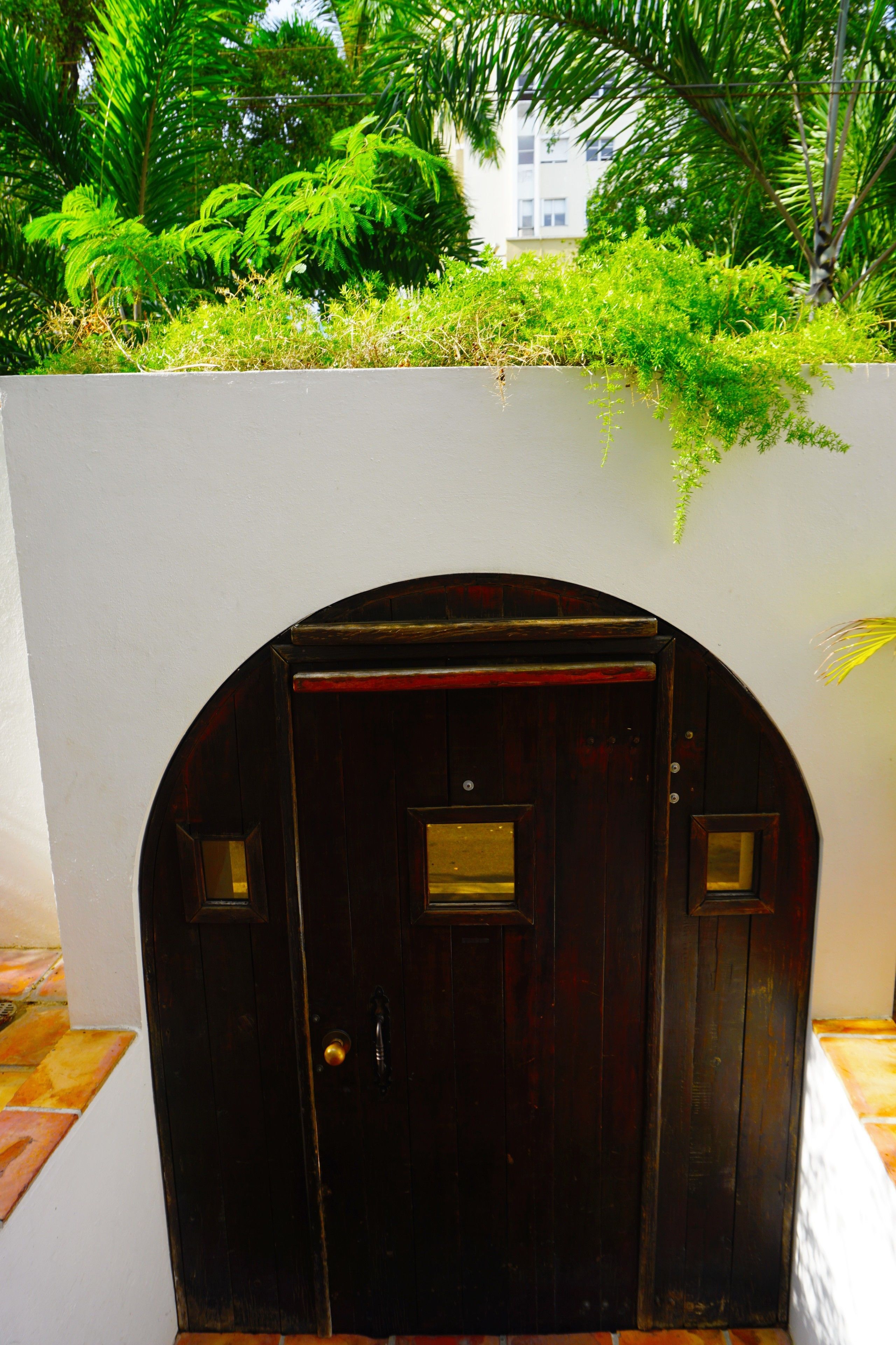 A dark wooden door with a small window and a handle, set against a white wall with a tiled base.