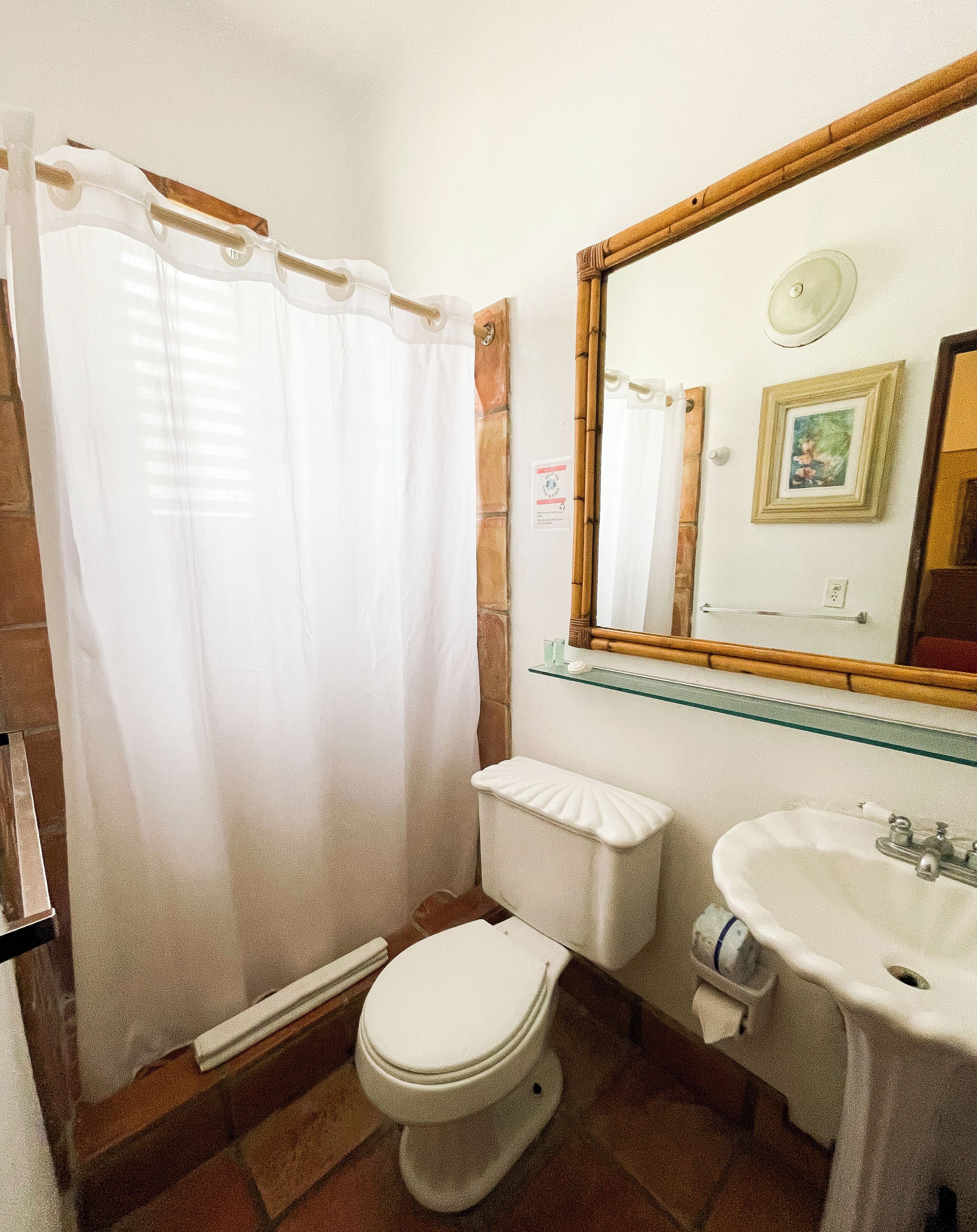 A small bathroom with a toilet, sink, and shower curtain.