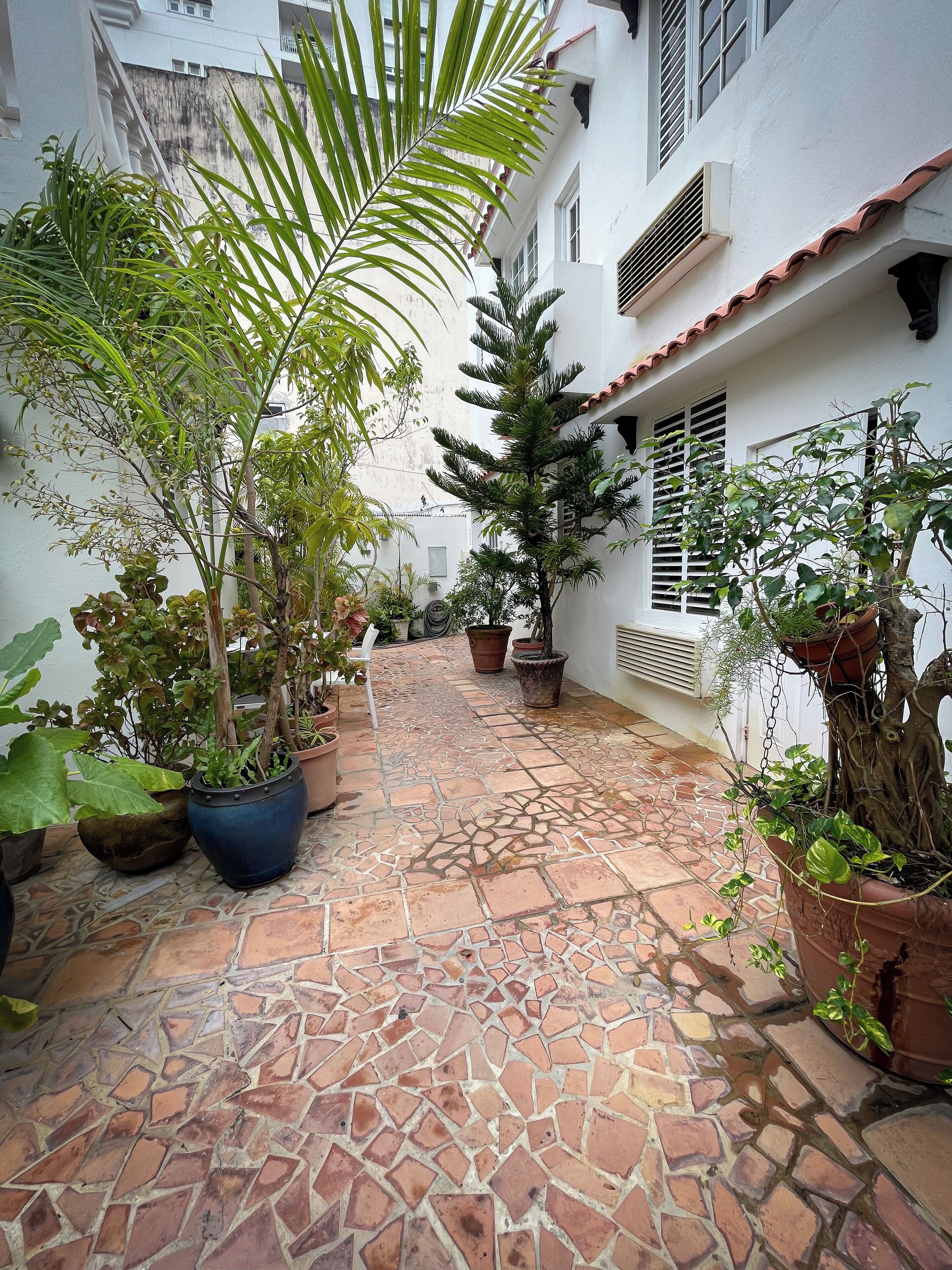 Une cour dallée, entourée de plantes en pot et bordée d’un bâtiment blanc dont le toit est recouvert de tuiles.