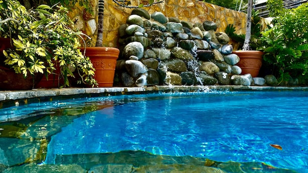 Una piscina cristalina rodeada de rocas y plantas en macetas.
