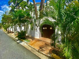 Calle bordeada de palmeras y un edificio blanco con puerta de madera.