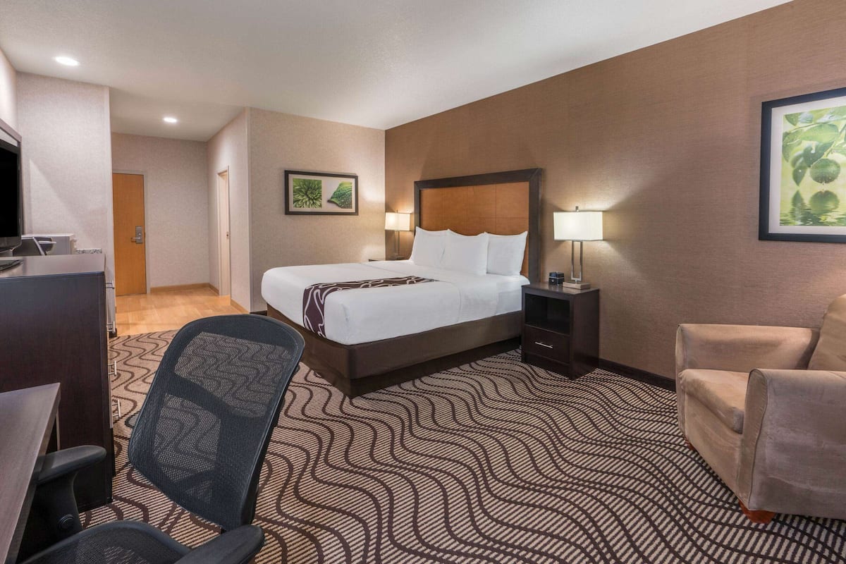 A hotel room with a bed, desk, chair, and a lamp.