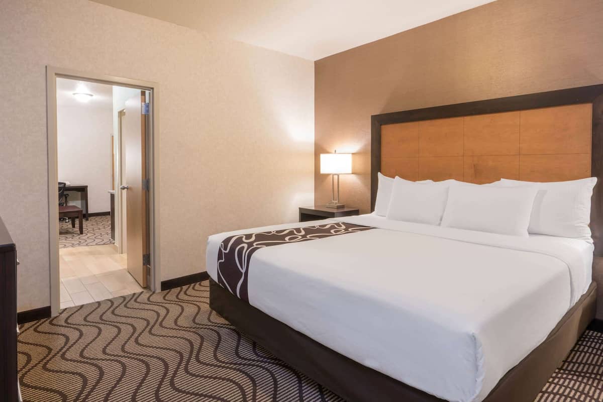 A hotel room with a large bed, a nightstand, a lamp, and a door leading to another room.