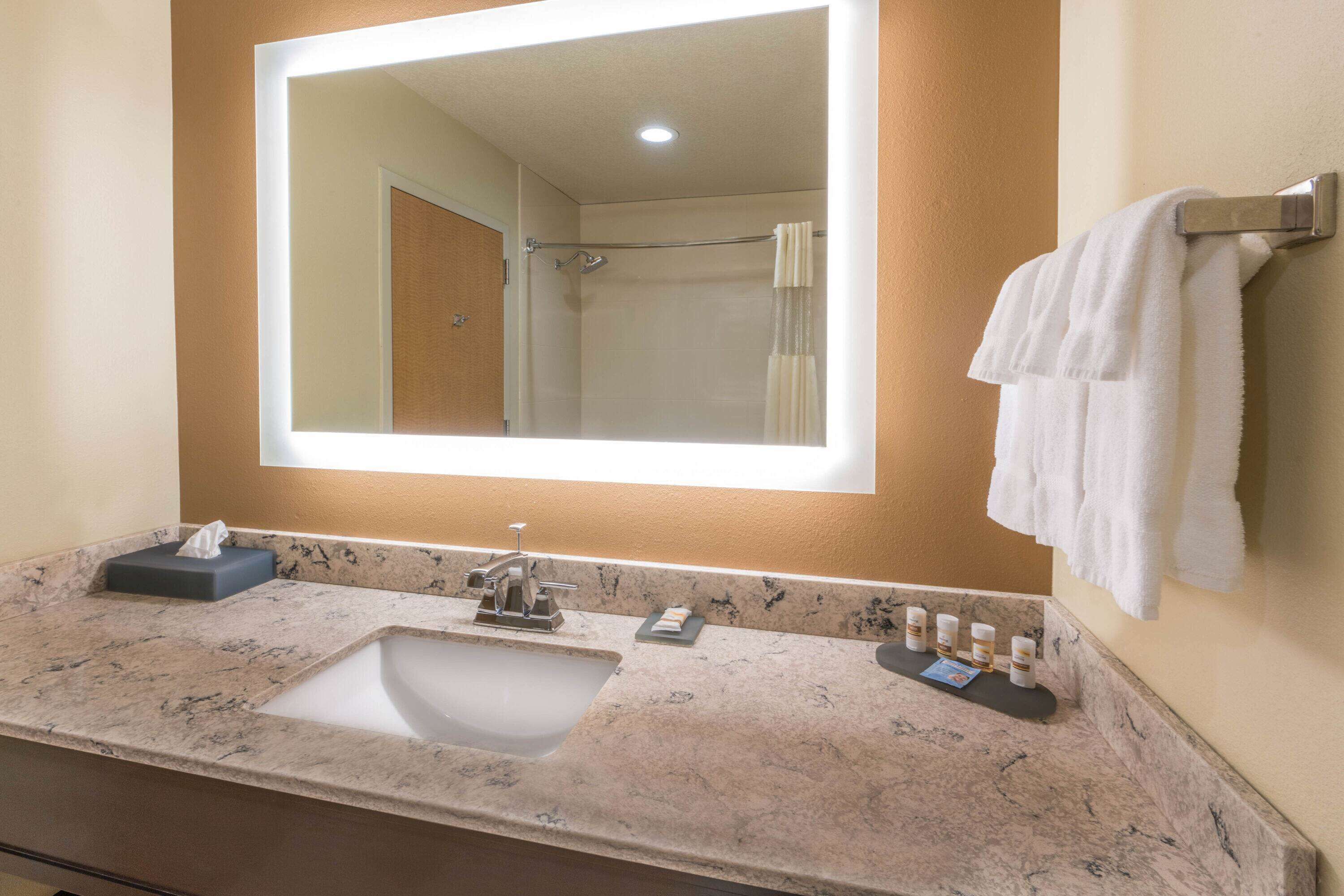 A bathroom with a large mirror, a sink, a towel rack, and a few toiletries on the counter.