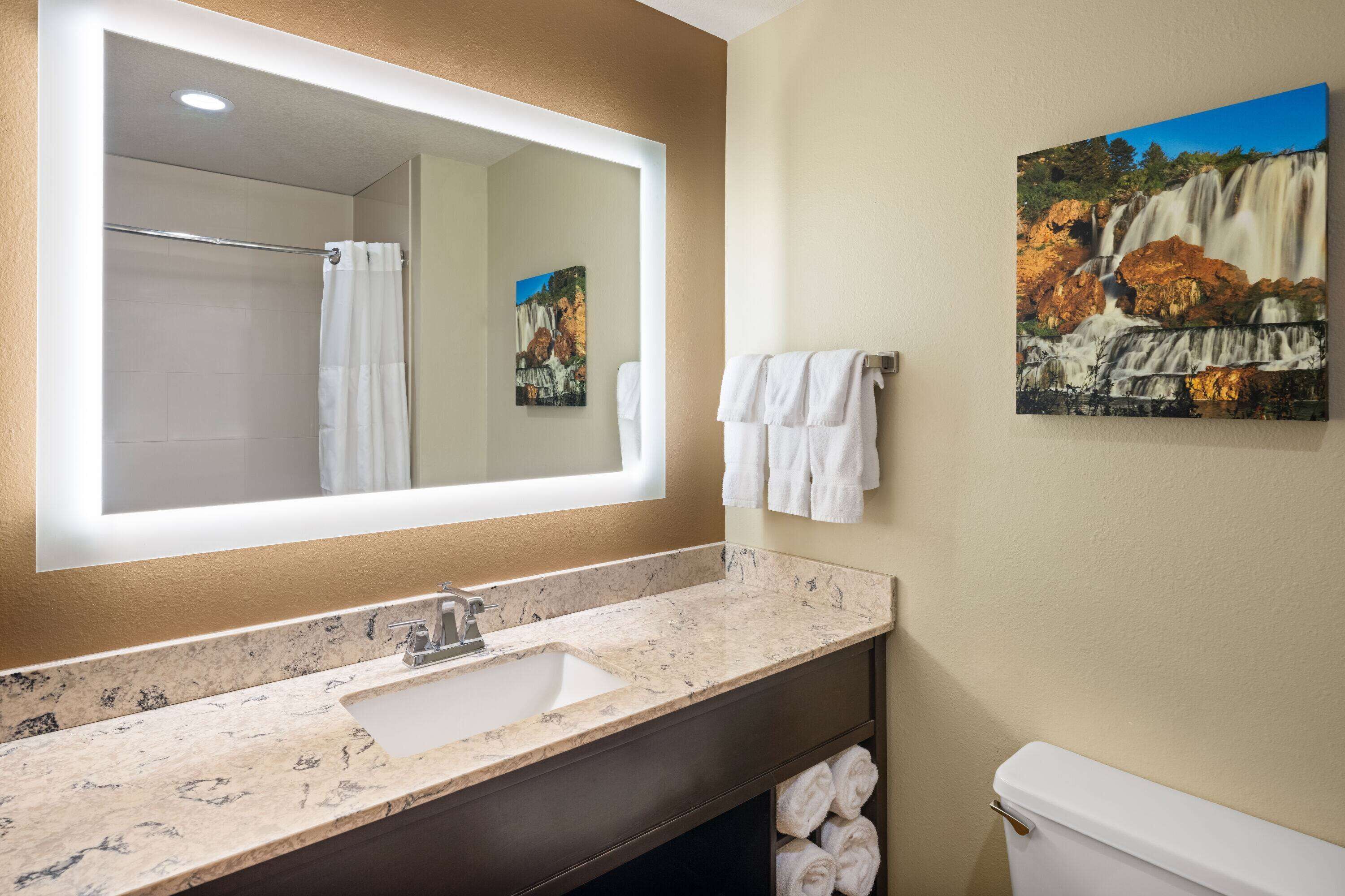 A bathroom with a marble sink, a large mirror, a shower, and a painting of a waterfall on the wall.