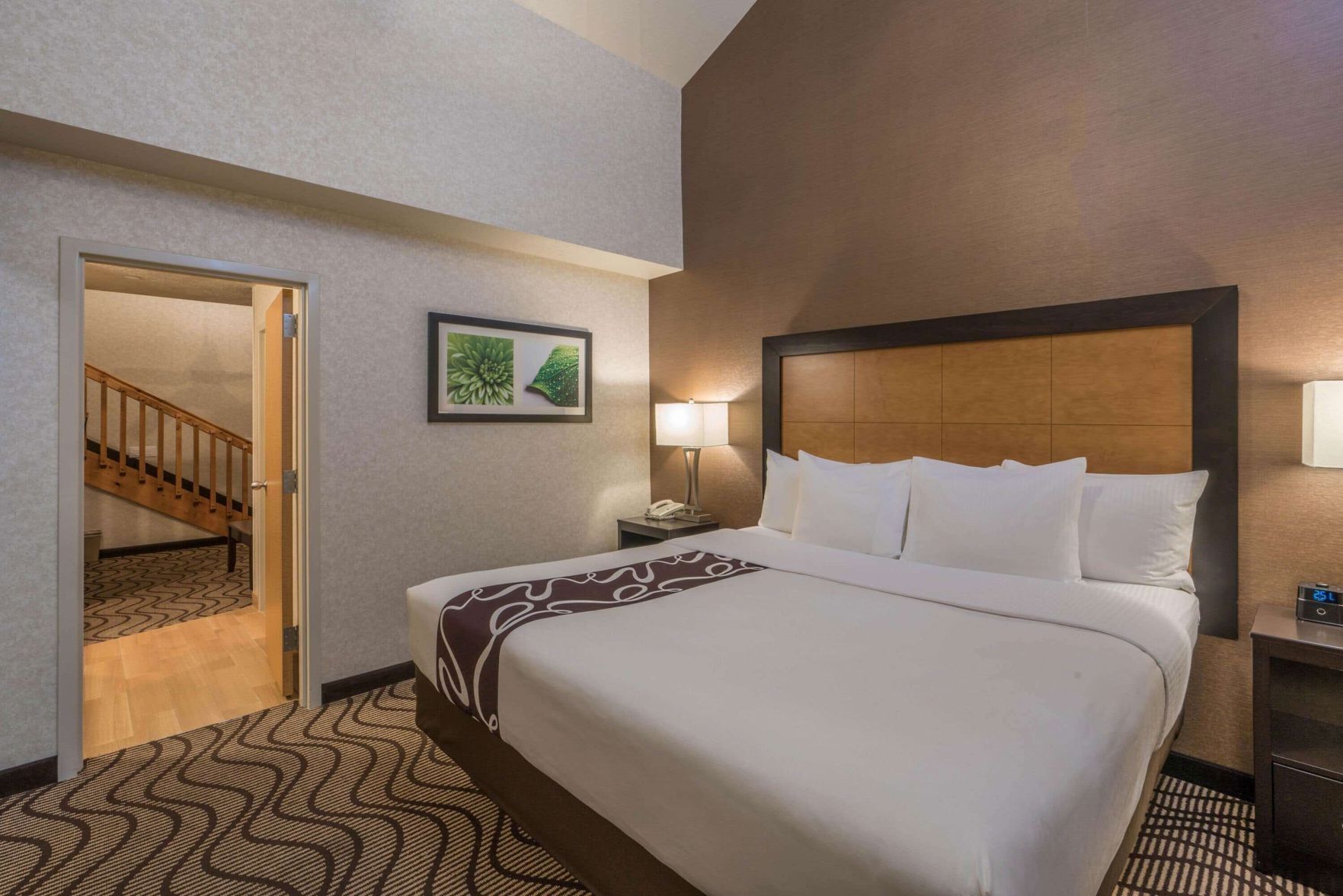 Premium bedding, desk, laptop workspace, blackout drapes