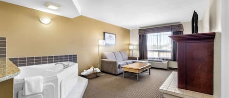 Desk, laptop workspace, blackout curtains, iron/ironing board