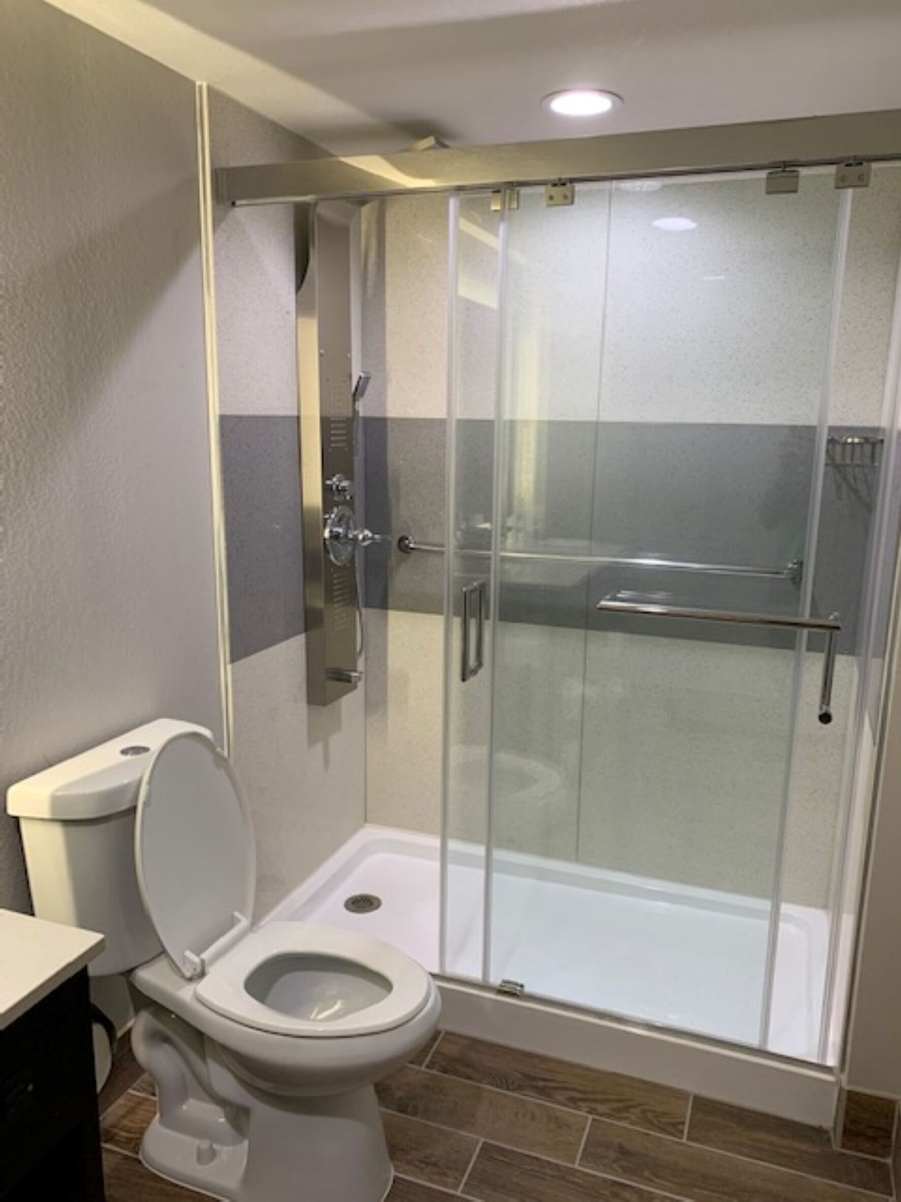 combined shower/bathtub, hair dryer, towels