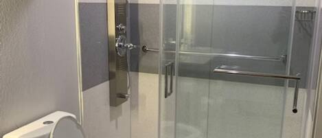 A modern bathroom with a glass-enclosed shower, a toilet, and a sink.