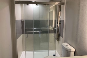Combined shower/tub, hair dryer, towels