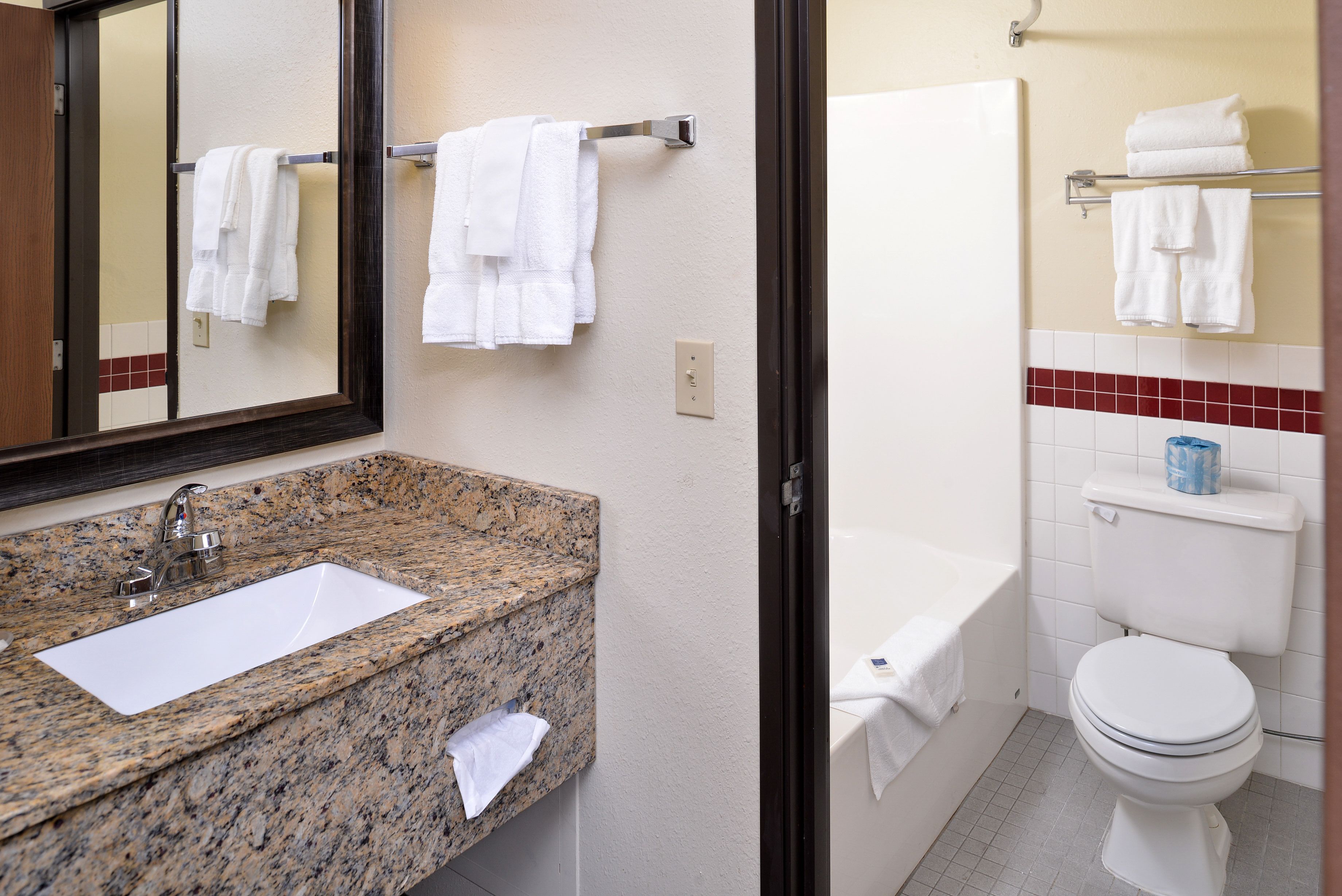 combined shower/bathtub, free toiletries, hair dryer, towels