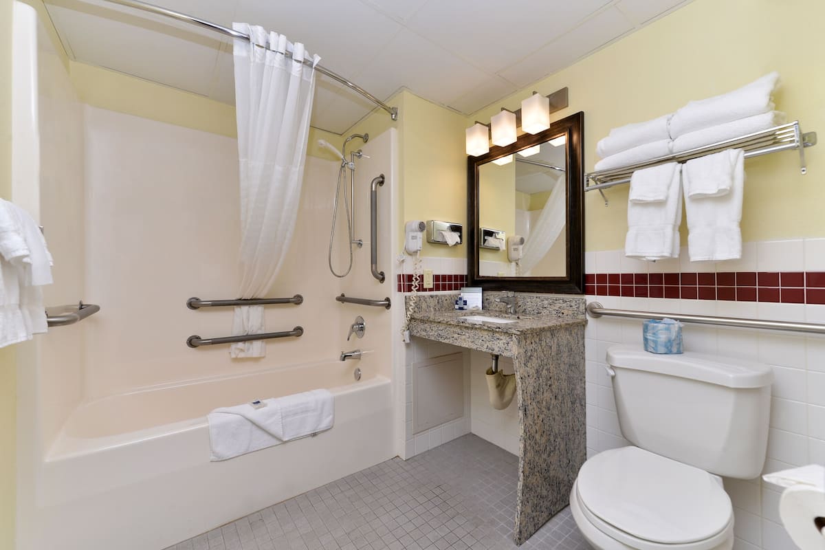 deluxe room, 2 queen beds, accessible, non smoking (mobility, roll-in shower) | bathroom | combined shower/bathtub, free toiletries, hair dryer, towels