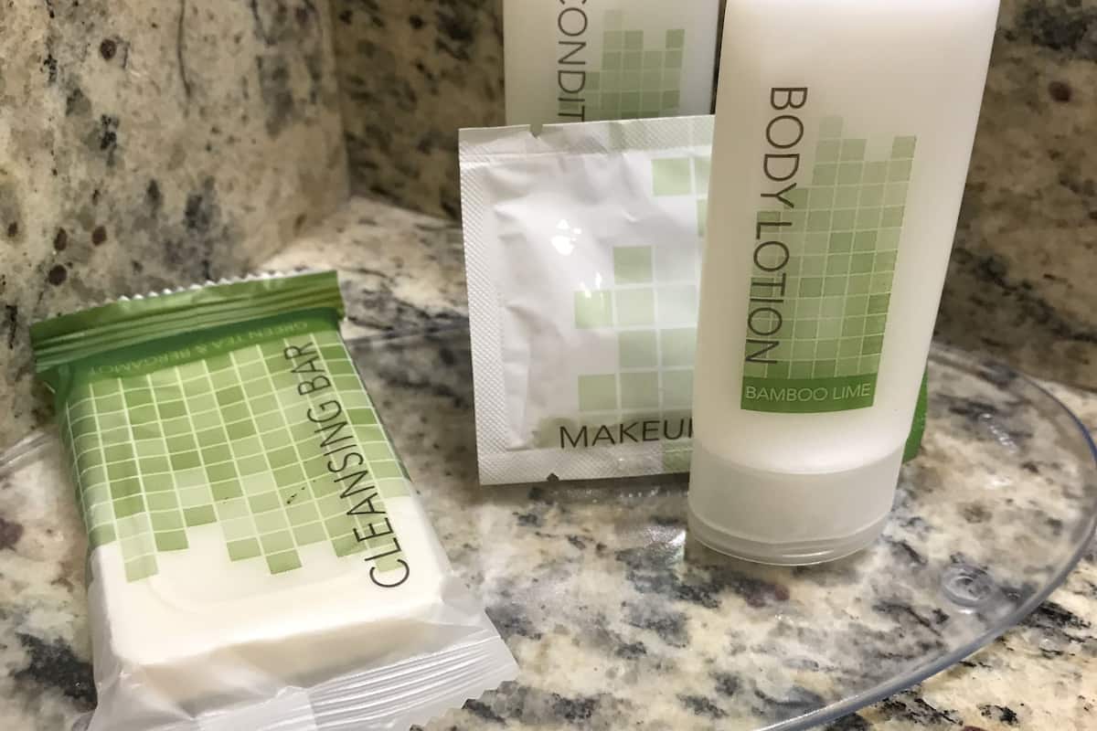 combined shower/bathtub, free toiletries, hair dryer, towels