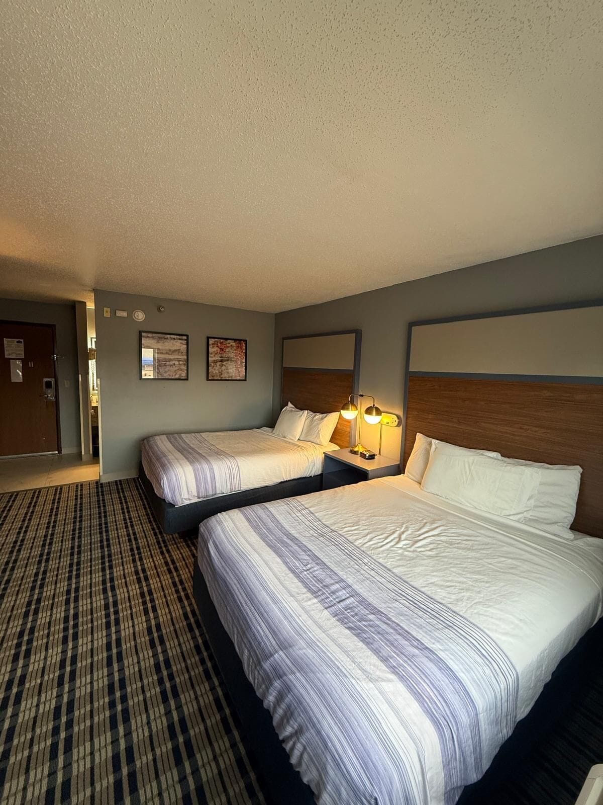 A hotel room with two beds, a check-in desk, a wall-mounted mirror, and a patterned carpet.