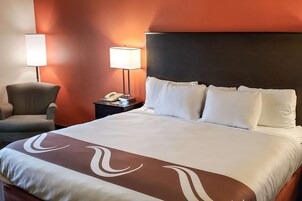 A hotel room with a large bed, a chair, a nightstand with a lamp, and a phone.