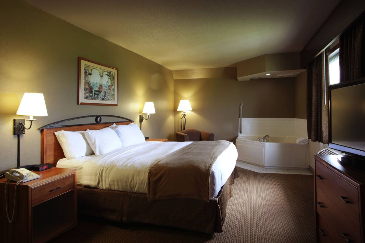 Habitación de hotel con una cama grande, lámparas de noche, un cuadro en la pared, una bañera y un televisor.