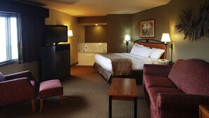 Una habitación de hotel con cama, escritorio, silla, sofá, televisor y baño.