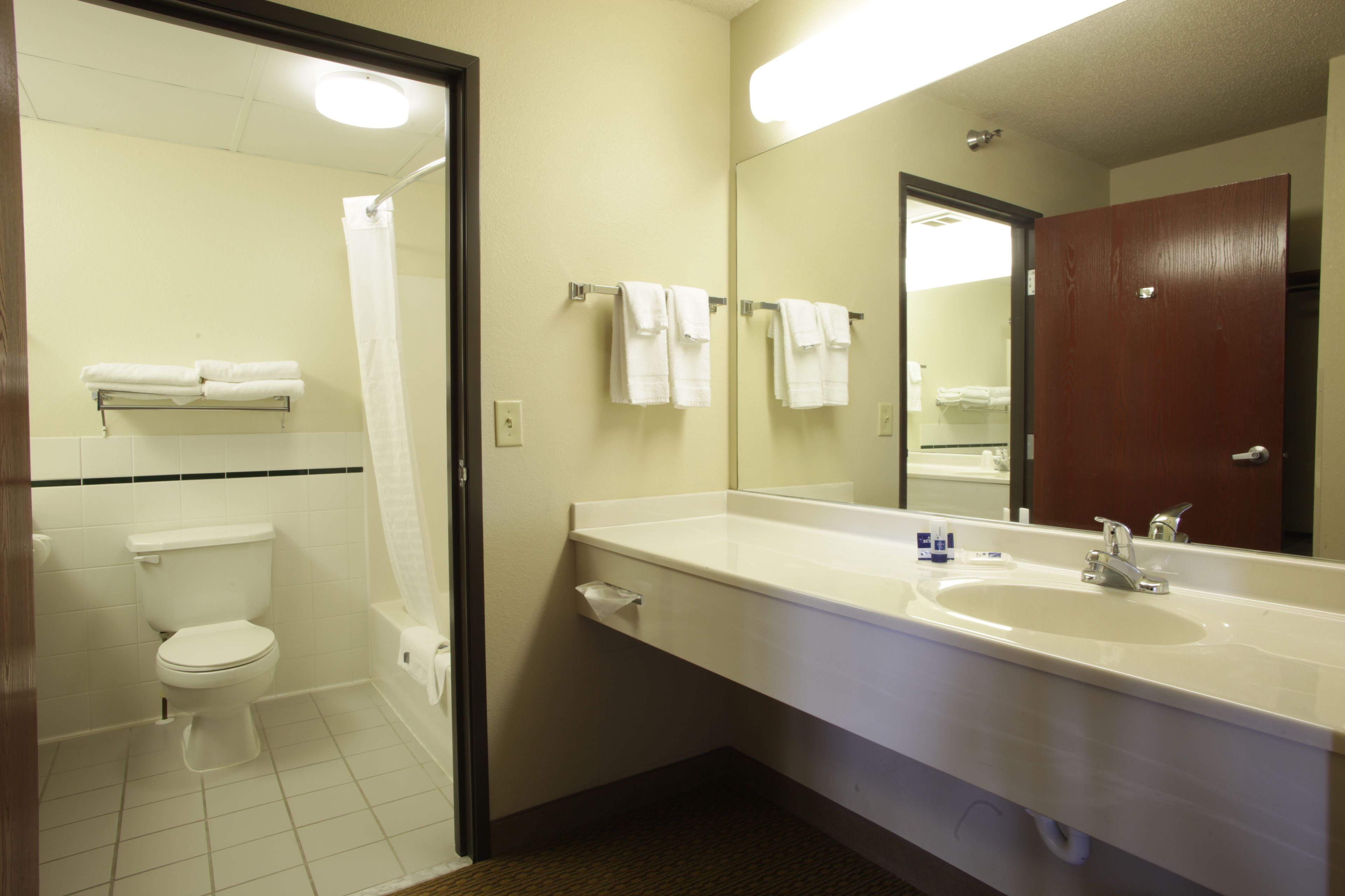 Un bagno con WC, lavandino e specchio.