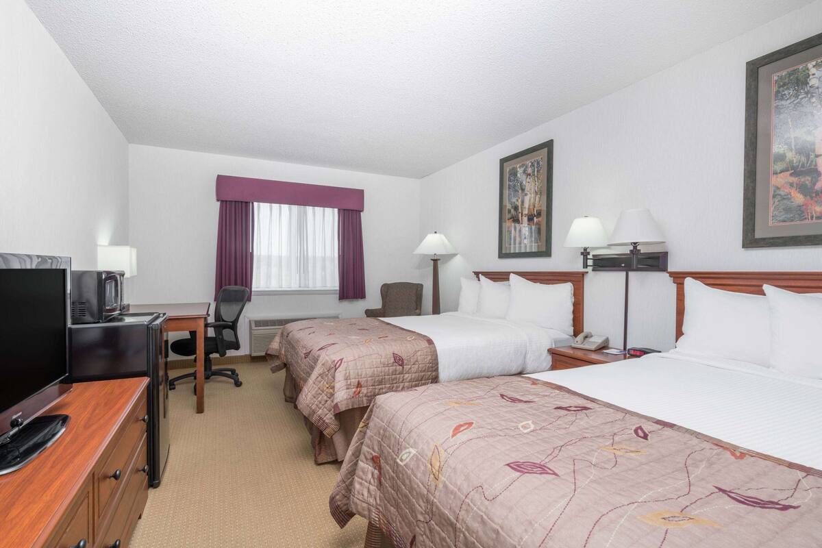 Une chambre d’hôtel avec deux lits, un bureau avec une télévision, une chaise, une lampe de bureau et un tableau au mur.