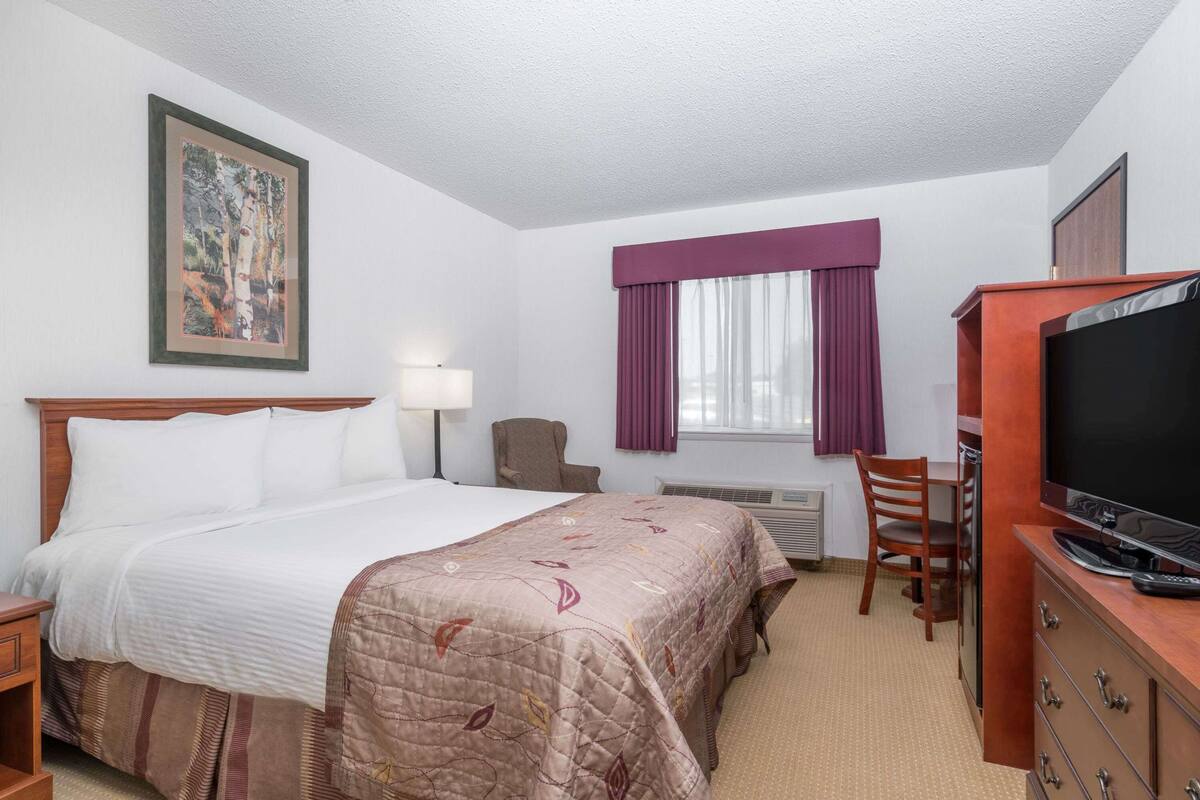 Une chambre d’hôtel avec un lit, une télévision, un bureau et une chaise.