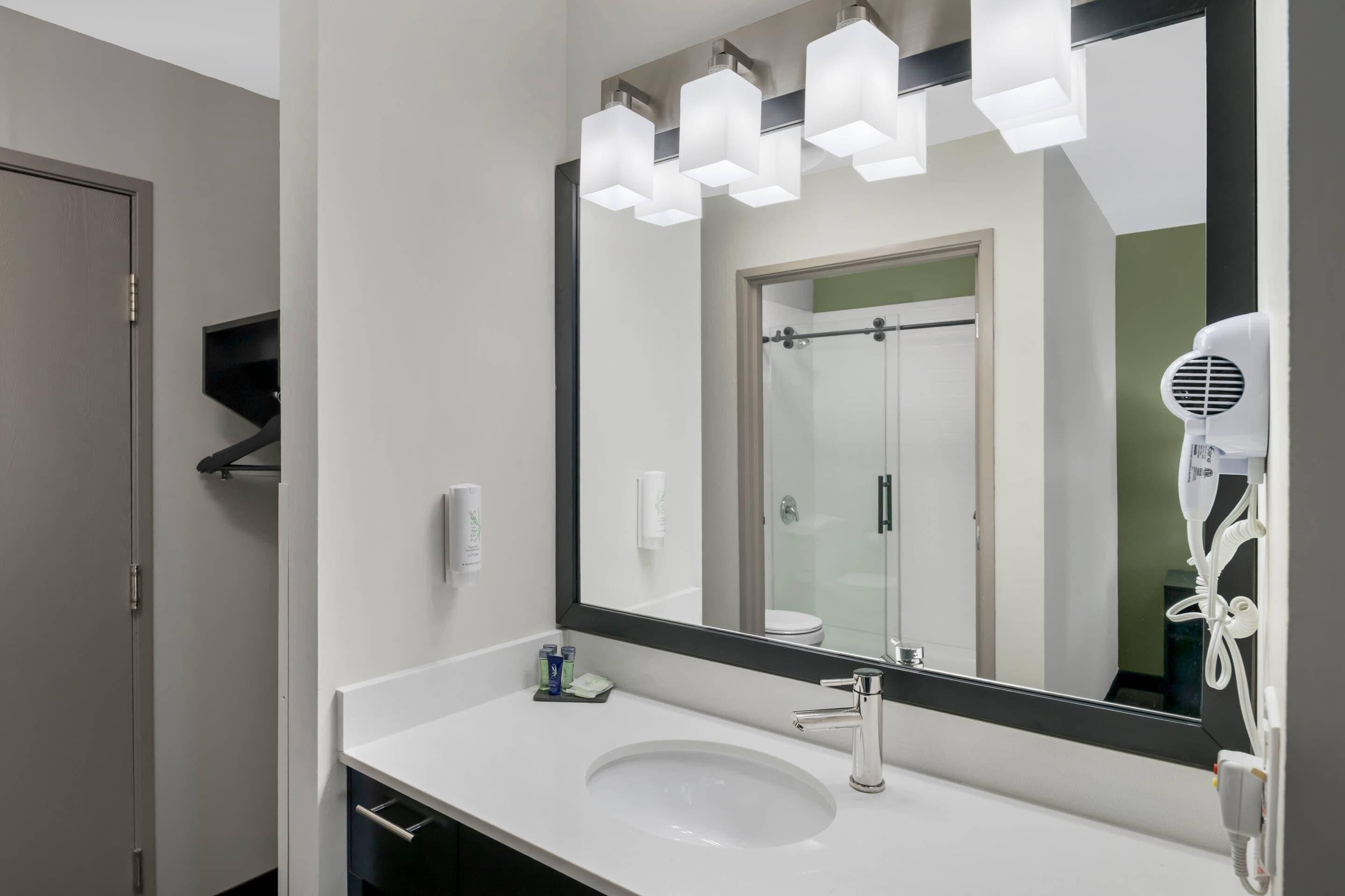 A modern bathroom with a white sink, a large mirror, and a hairdryer.
