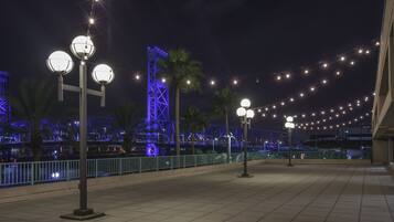 A nighttime view of a waterfront promenade with street lamps and decorative lights, a bridge with blue lighting, and palm trees.