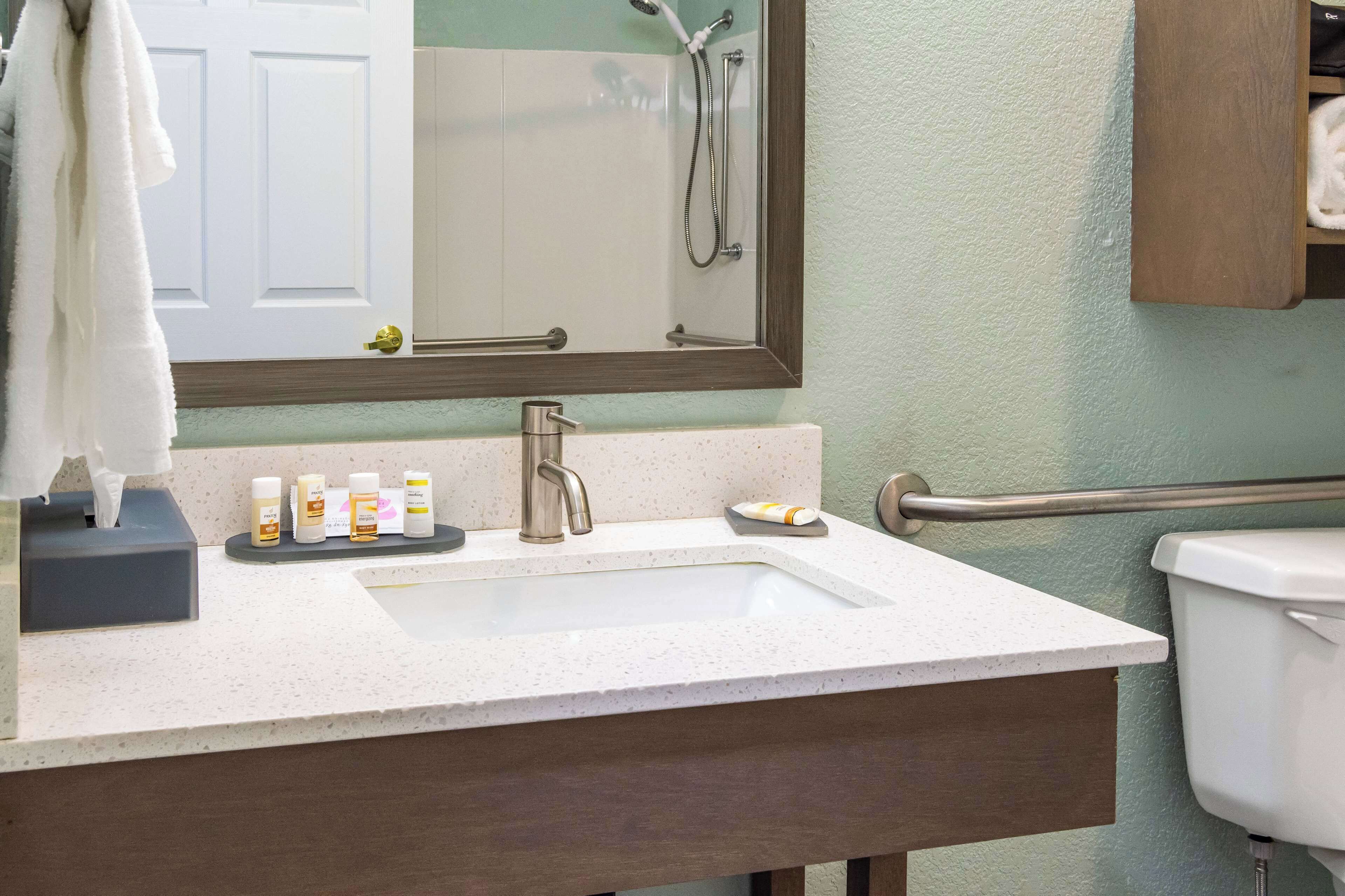 combined shower/bathtub, free toiletries, hair dryer, towels