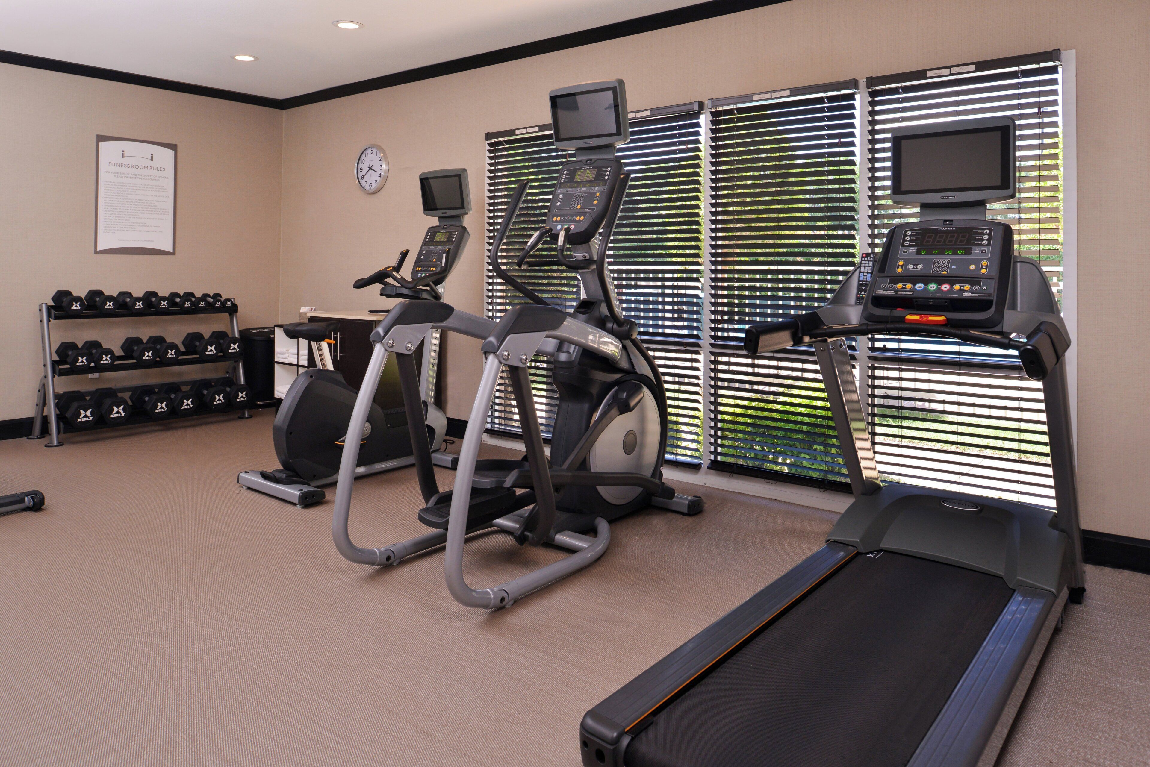 A fitness room with treadmills, elliptical machines, and dumbbells.