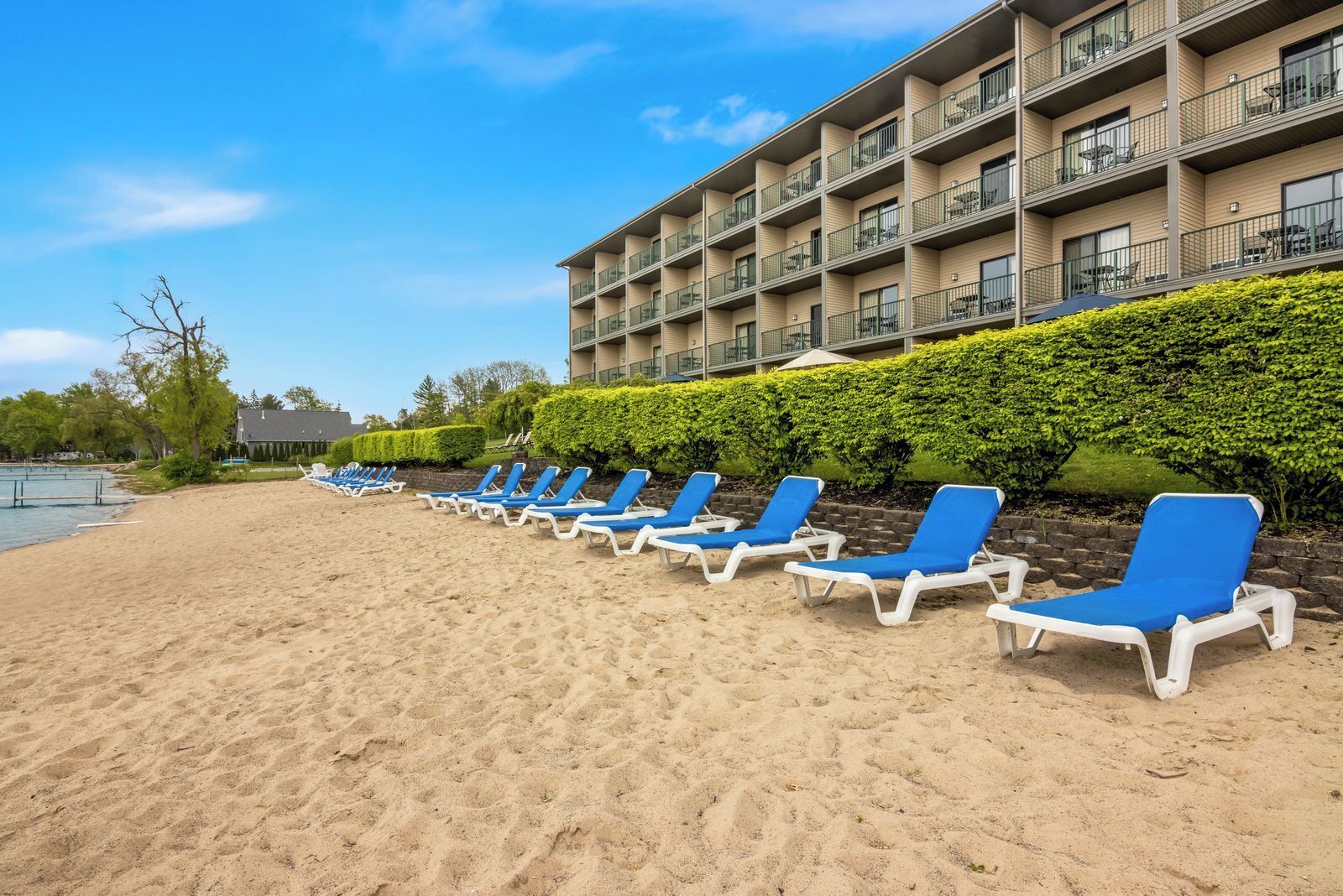 A beachfront hotel with rows of blue lounge chairs and a multi-story building with balconies.