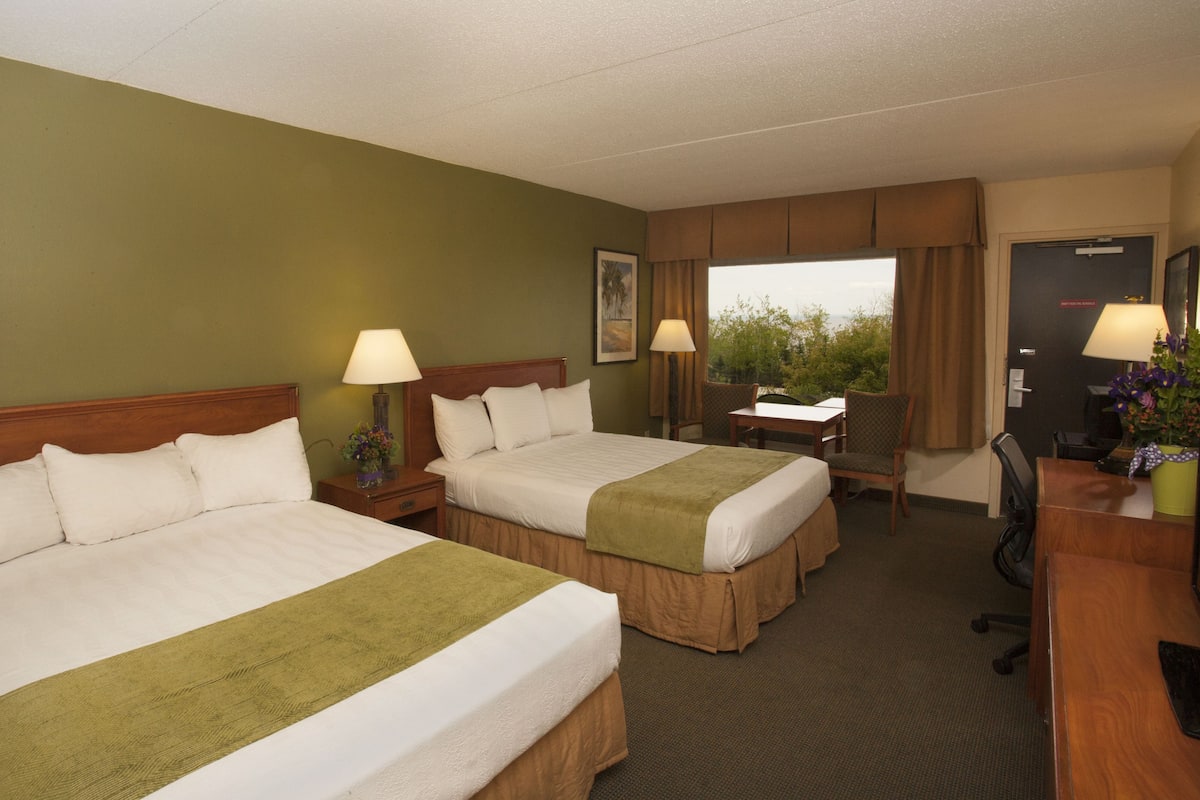 Une chambre d’hôtel avec deux lits, un bureau et une chaise.