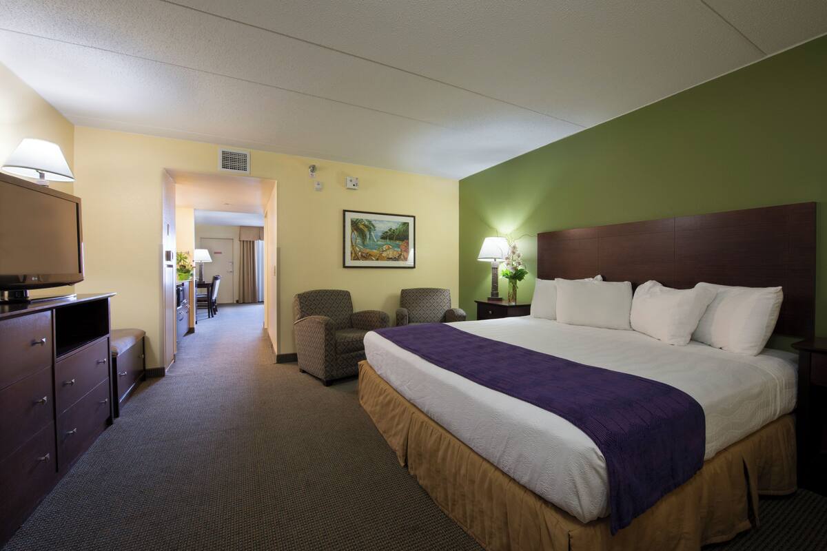 Une chambre d’hôtel avec un lit, une télévision, un bureau et une chaise.