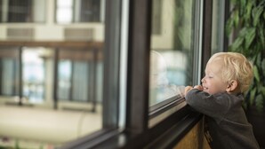 Ein Kind lehnt an einem Fensterbrett und blickt hinaus.