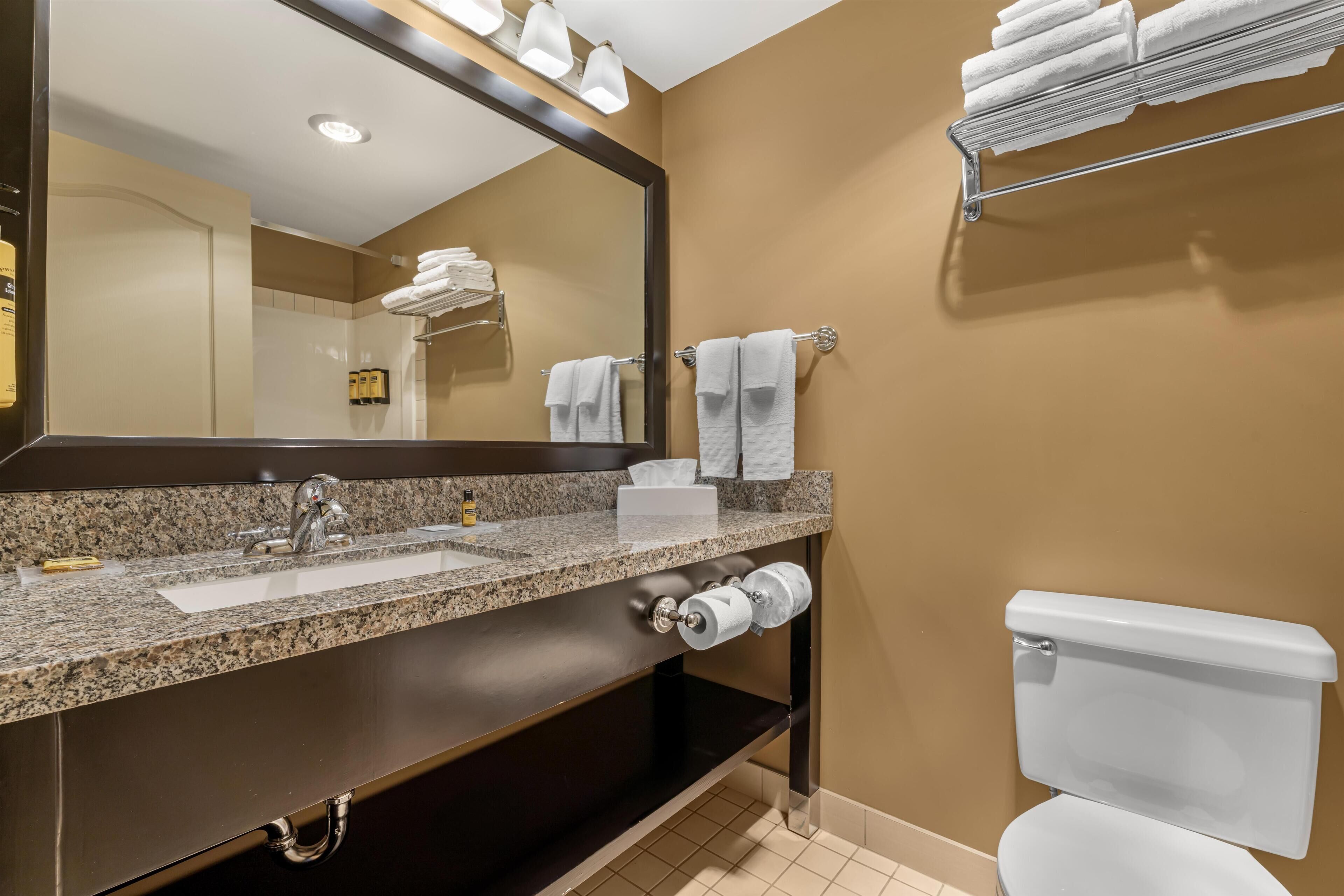 A bathroom with a granite countertop sink, a mirror, a towel rack, and a toilet.