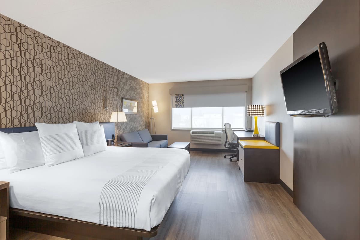 Habitación de hotel con una cama grande, un escritorio, una silla, un televisor y una ventana con vistas.