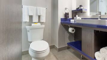 A modern bathroom with a toilet, a sink, and a mirror.