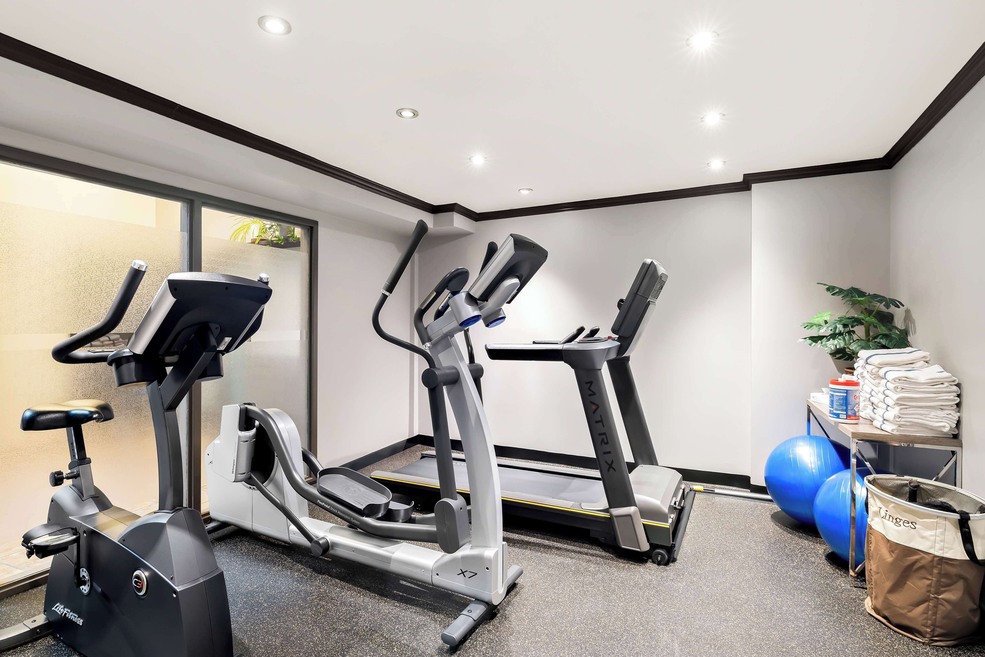 A gym with treadmills, an elliptical, and exercise balls.
