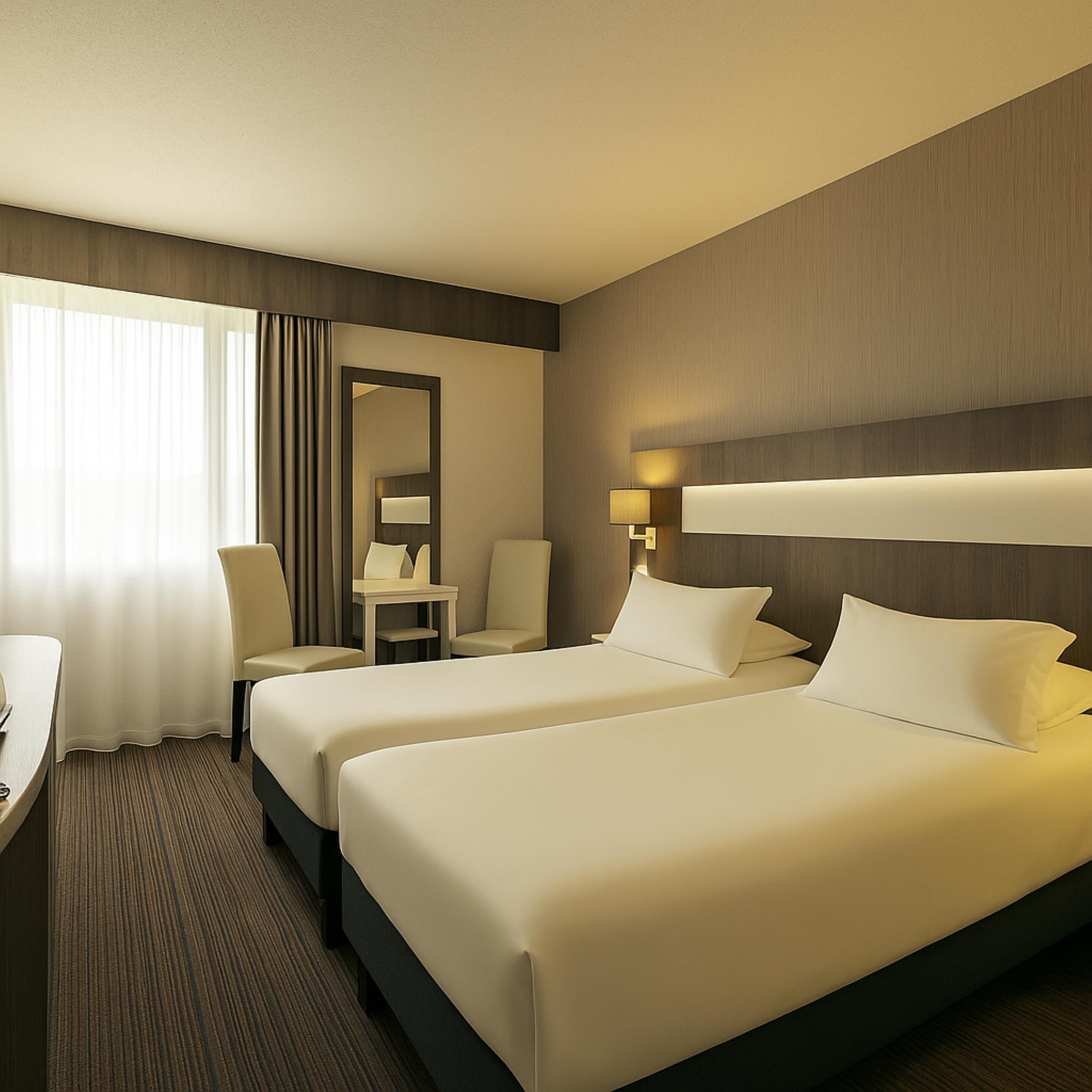 A hotel room with two beds, a desk, a chair, a mirror, and a lamp.