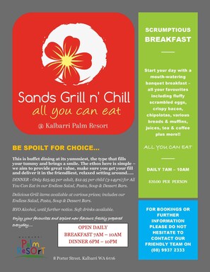 A promotional flyer for 'Sonos Grill 'n' Chill' at Kalbarr Palm Resort, highlighting buffet dining options, prices, and operating hours. - Kalbarri Palm Resort (Kalbarri)