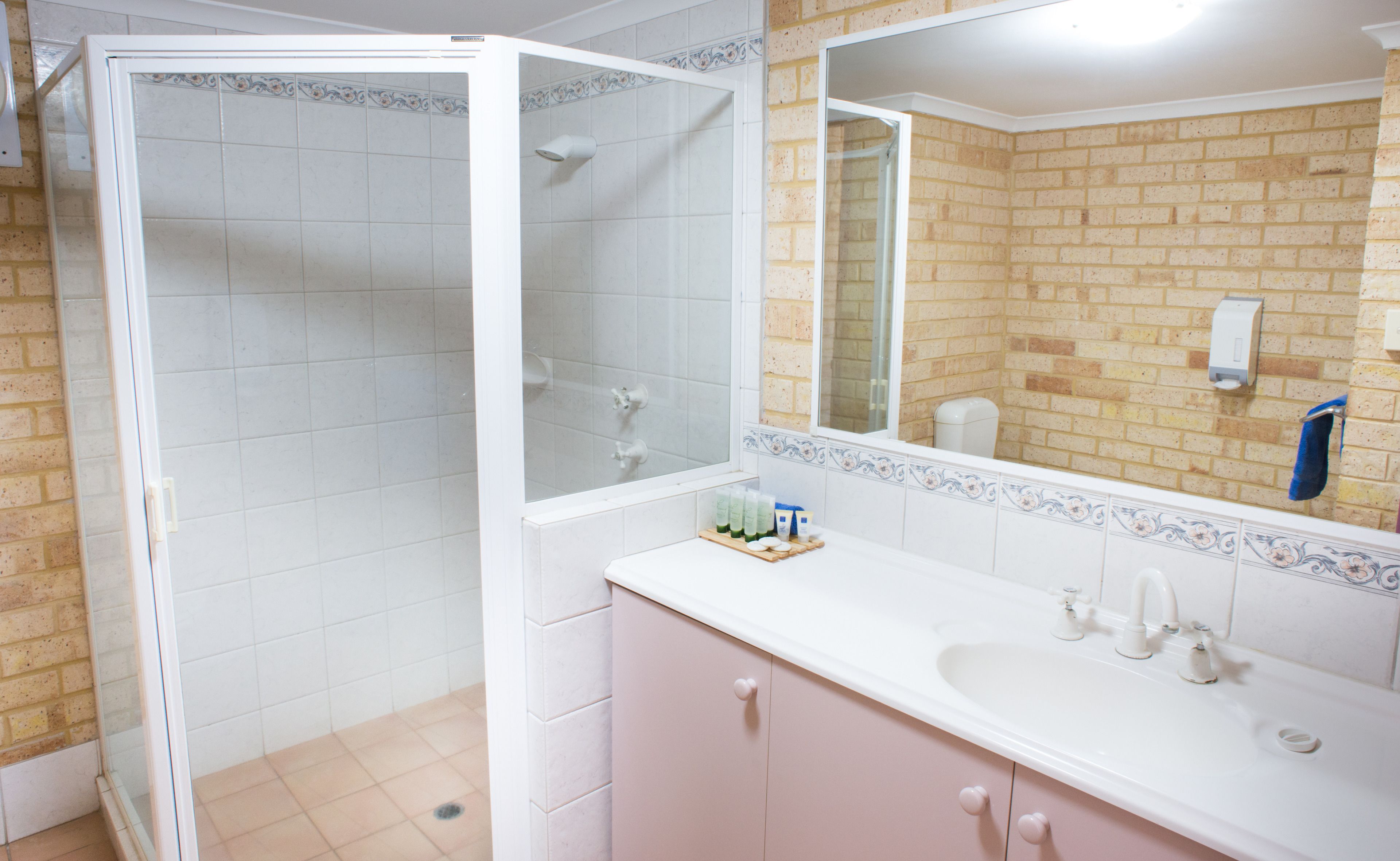 shower, free toiletries, hair dryer, towels