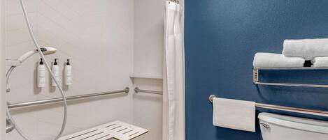 A bathroom with a shower, toilet, and towel rack.