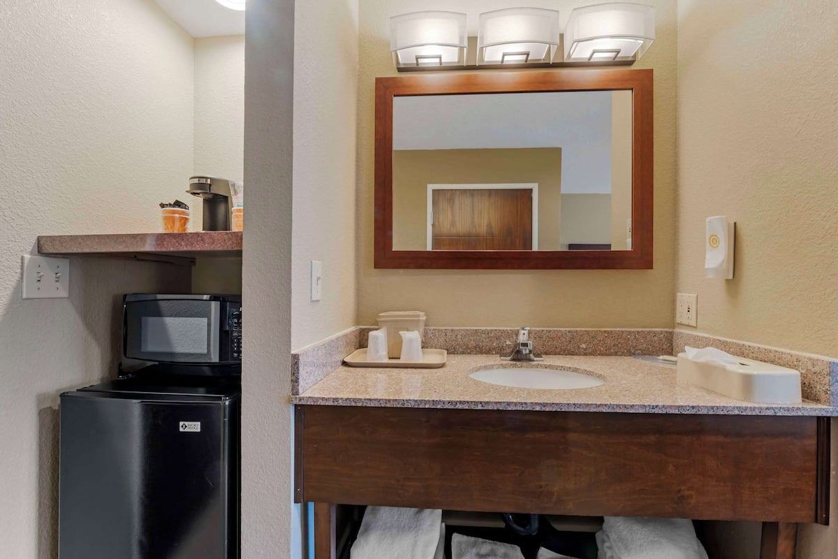 A compact hotel bathroom with a sink, mirror, and a microwave on the countertop.