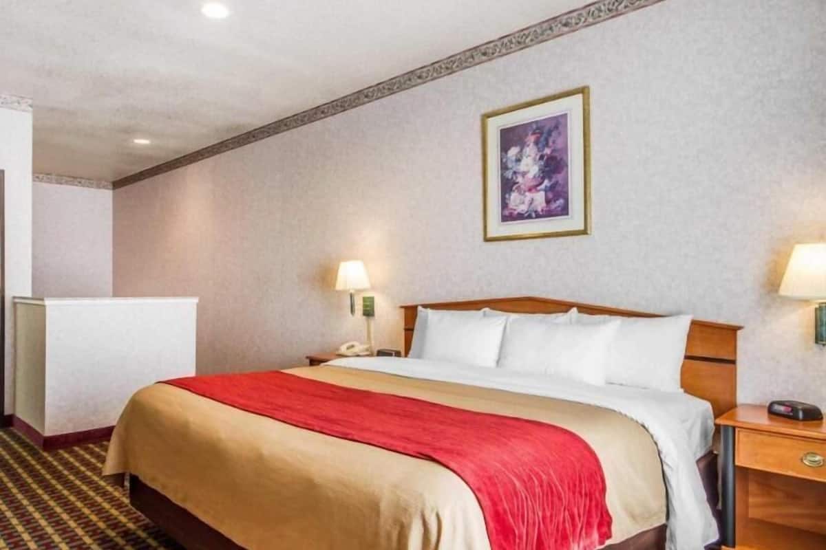 A hotel room with a bed, bedside tables, a nightstand, a lamp, and a painting on the wall.