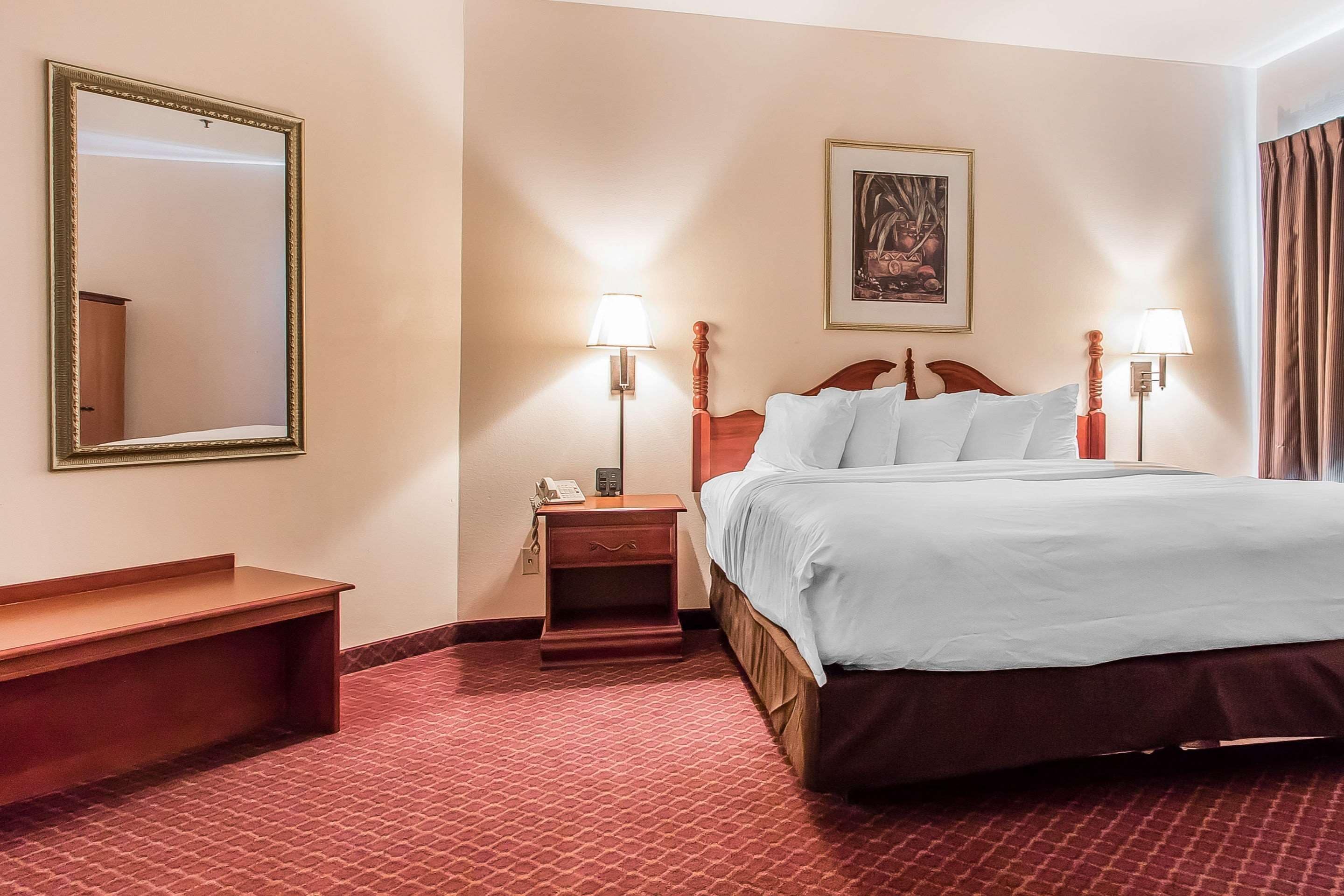 Une chambre d’hôtel avec un lit, des tables de chevet, un miroir, un tableau et un sol recouvert d’une moquette rouge.